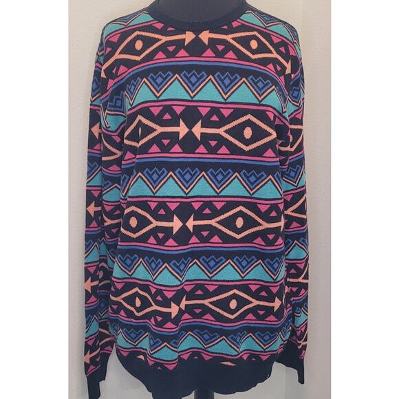 Empyre Mens 80s Retro Black Aztec Print Sweater L Orange Pink Teal Red Holes - Picture 1 of 10